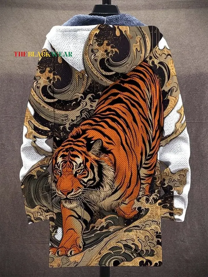 Vintage Hand Drawn Art Tiger Descending Mountain Pattern Print Unisex Plush Thick Long-Sleeved Sweater Cardigan Coat Men's