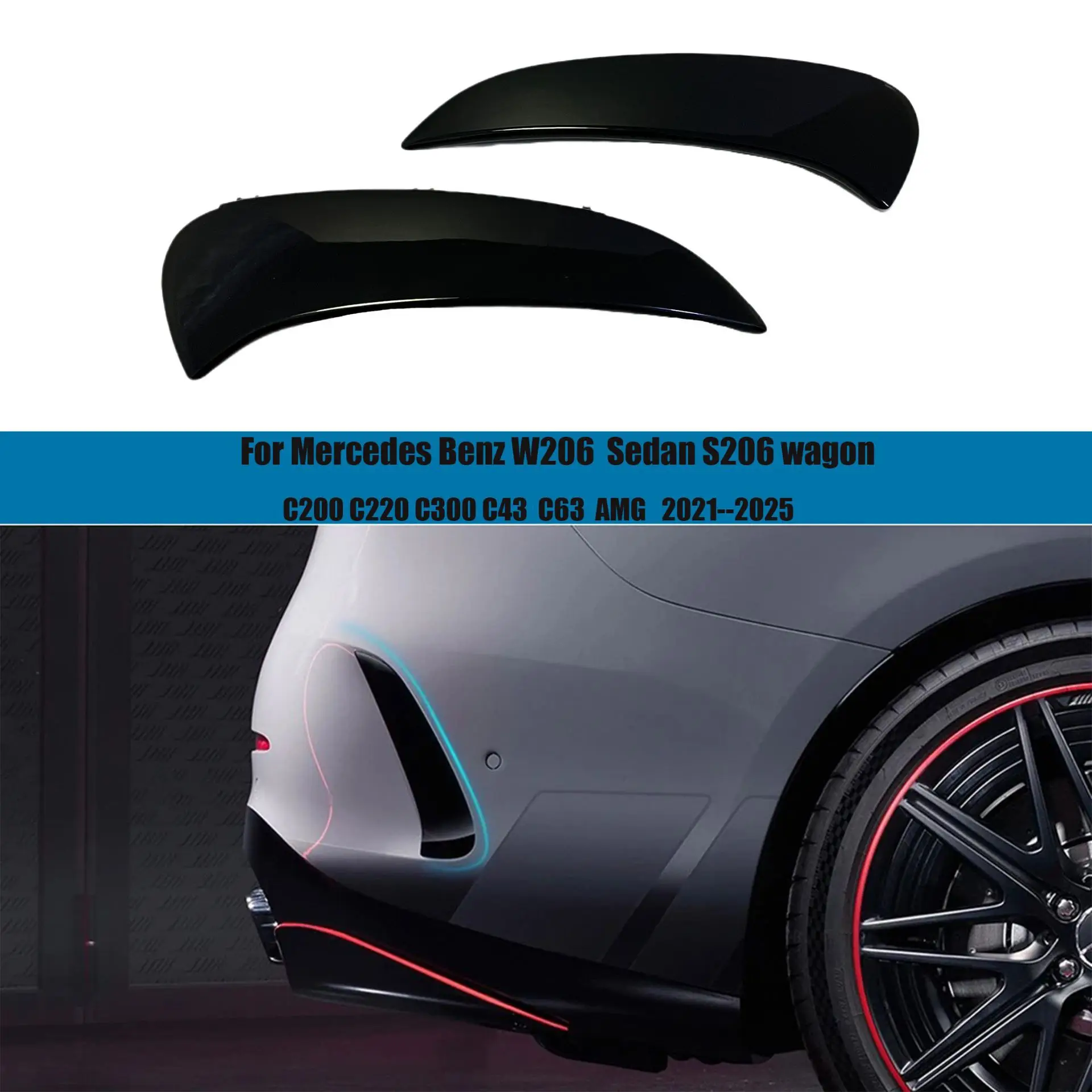 For Mercedes Benz W206 Sedan S206 Wagon C200 C220 C300 C43 C63 AMG 2021 2022 2023+ Rear Bumper Lip Splitter Spoiler Side Canards