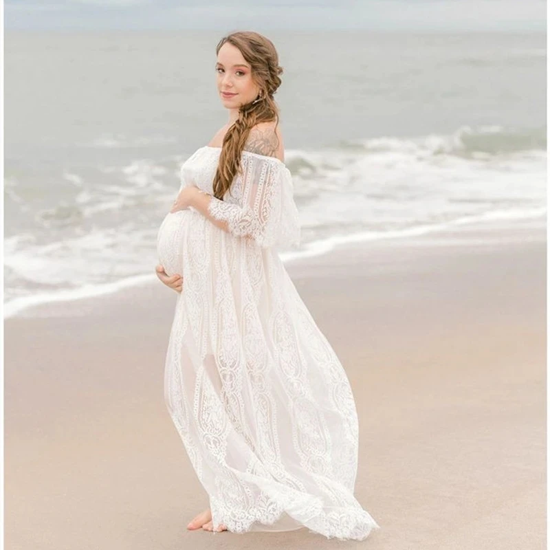 

White/Black Summer Maternity Lace Dresses Boho Maternity Photography Dress Slash Neck Pregnancy Casual Long Dress 2023