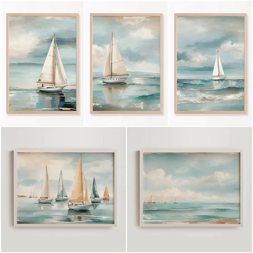 Nautical Sailboat Oil Painting Prints on Canvas Poster Retro Watercolor Ocean Wall Art Poster Living Room Home Decor Gift Idea