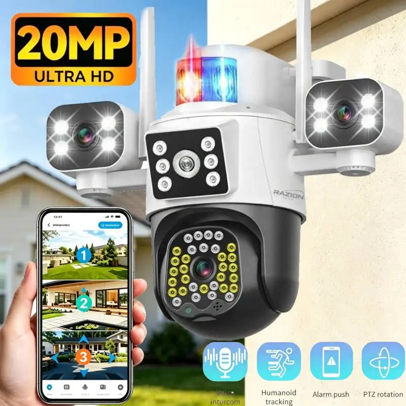 Cámara de vigilancia WiFi de 20MP, 2.4G 5G, con cuatro pantallas, 10K, PTZ, resistente al agua, CCTV, cuatro lentes, cámara IP, audio