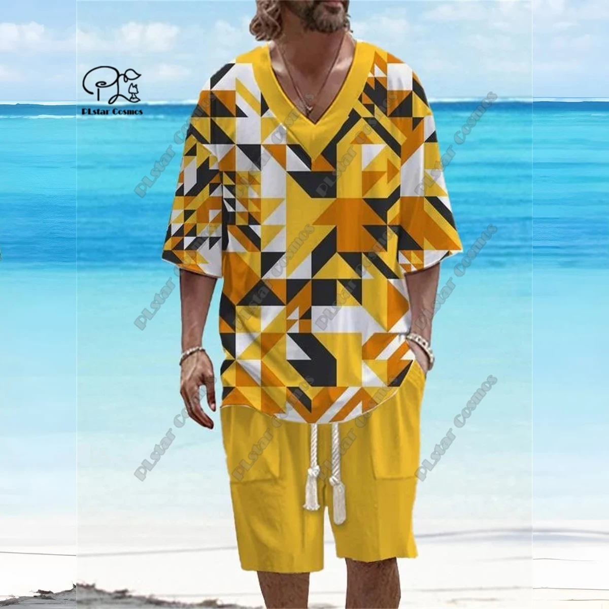 PLstar Cosmos 3D printed new men's V-neck gradient retro pattern short sleeved shorts T-shirt suit casual series T-4