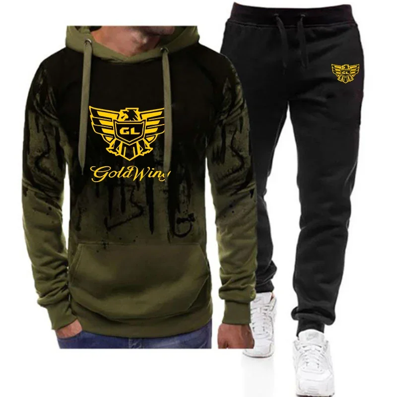 Goldwing GL1500 Men's New Spring And Autumn Casual Fashion Sports Pullover Hoodie+ Pants Printing Gradient Color Comfort Suit