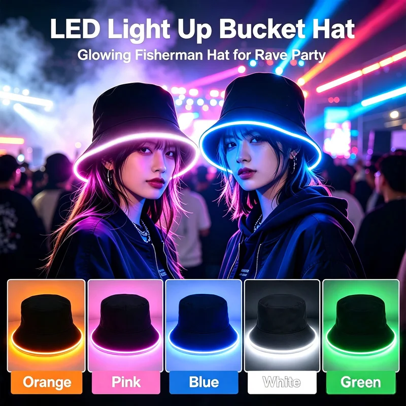 Multicolor LED Fiber Fisherman Hat Luminous Bucket Cap Fashion Outdoor Sport Costumes Accessories or Performance Dance Props