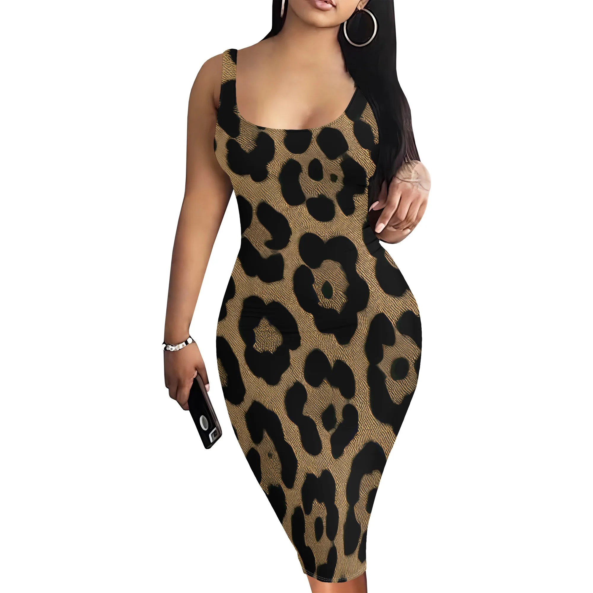 ฤดูร้อนชุดผู้หญิงเซ็กซี่พิมพ์แขนกุด Midi ชุด Slim Bodycon U คอชุดดินสอ Club Beach Dress