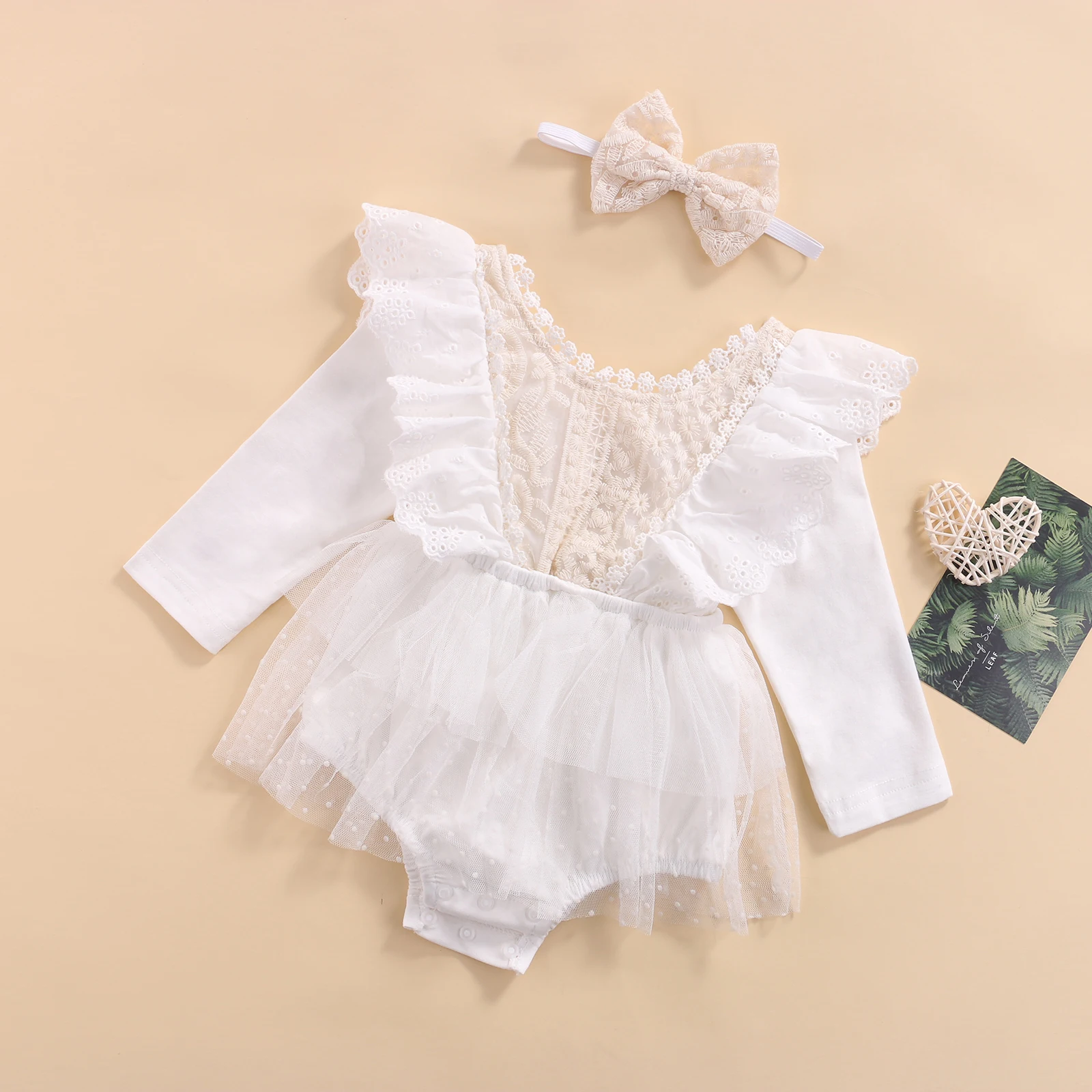 Spring Fall Newborn Baby Girls Romper Outfits Ruffle Long Sleeve Floral Lace Mesh Tutu Jumpsuit with Headband