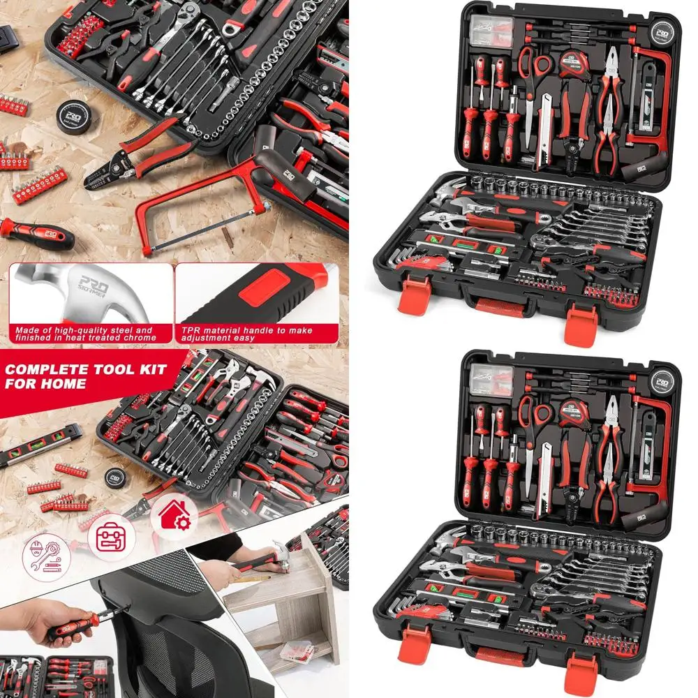 

Complete 259-Piece Household & Car Repair Tool Set with Portable Plastic Toolbox in Red