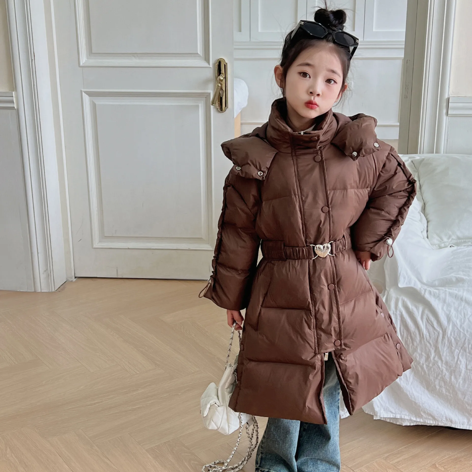 2025 Autumn Winter New Children's Long Stylish Waist-Cinching Girls' Thickened Coat