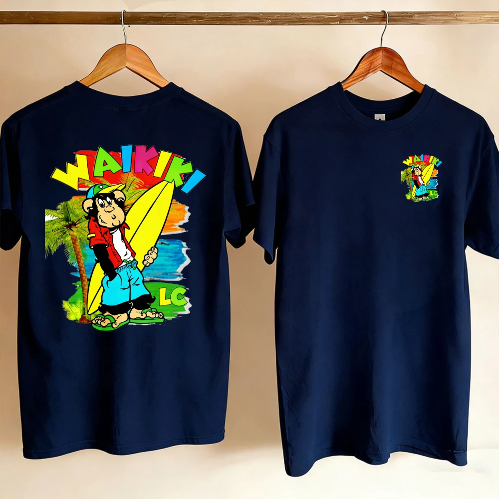 Cartoon Monkey Surf Waikiki T-Shirt for Men Women Short Sleeve Crewneck Retro Hawaiian Beach Gift Apparel Tops Oversized T Shirt