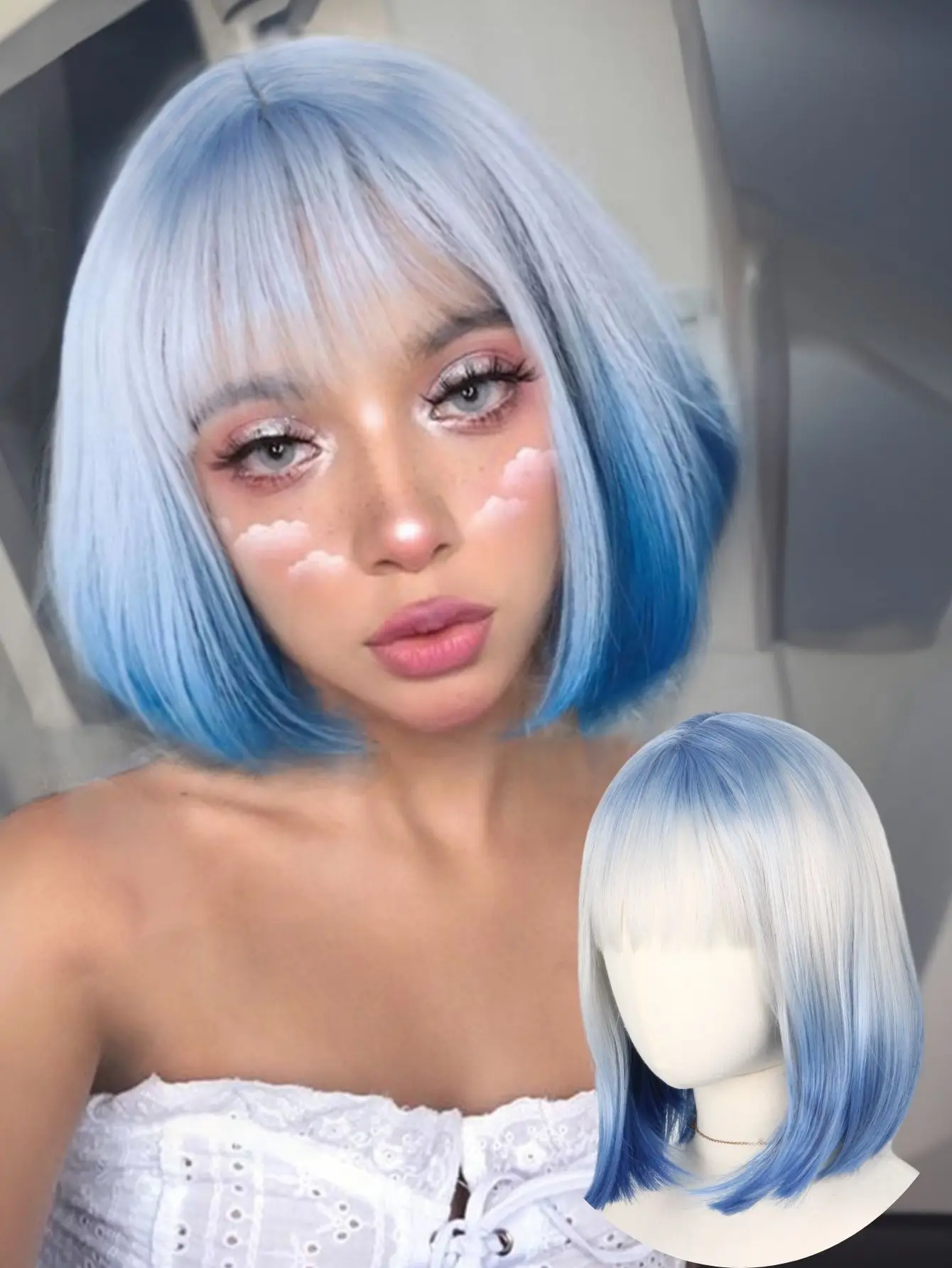 

Blue-White-blue Gradient Bob Wig,Sea-salt clear color. Smooth hair, no fake look.Summer Stand - out Style.Fits sweet cool style.