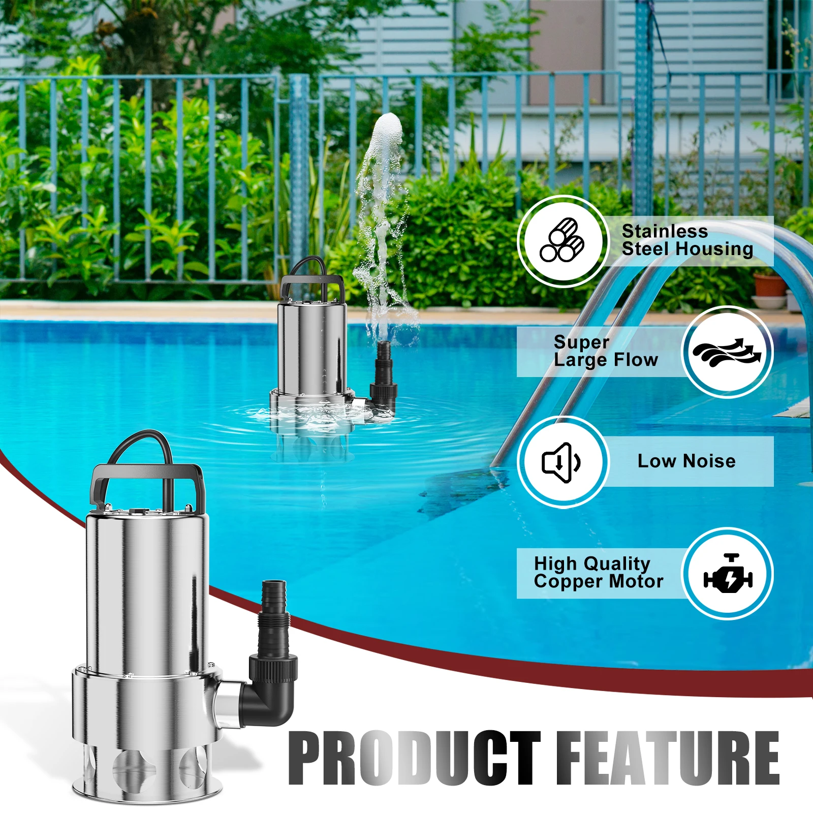 Sump Pump Submersible 1.6HP Dirty/Clean Water Transfer Pump 5500GPH Portable Electric Water Pump for Pool Draining Hot Tub