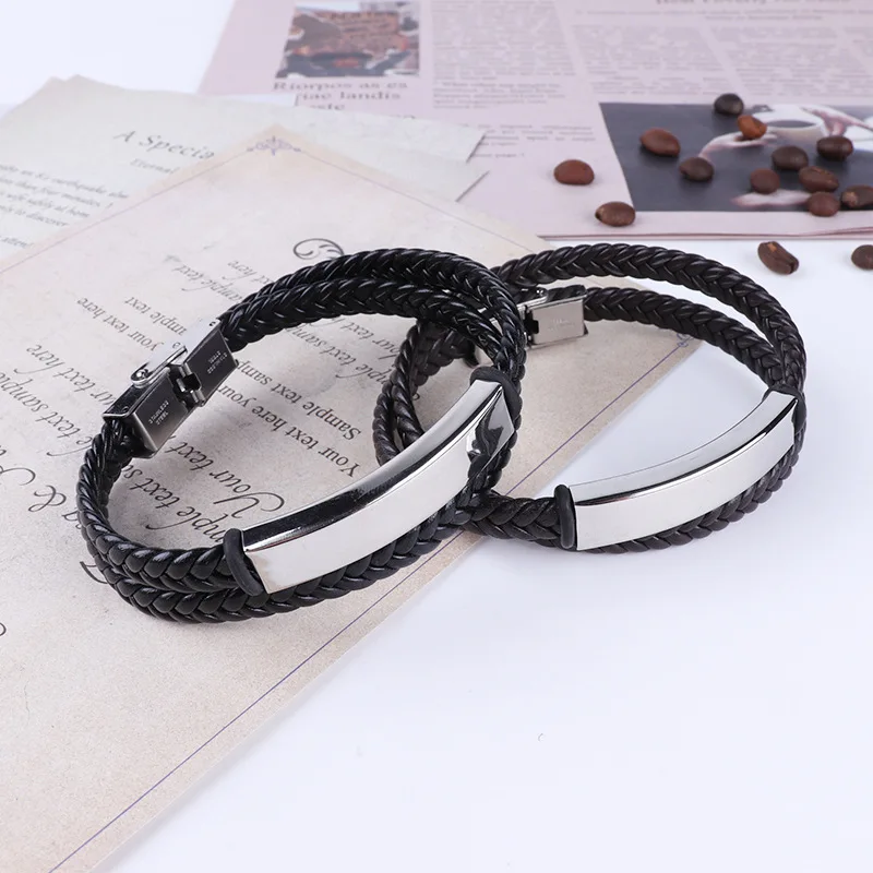 Leather Bracelet Stainless Steel Plate Blank To Record Layer Leather Bracelet For Men Metal ID Tag Bangles Wholesale 10pcs