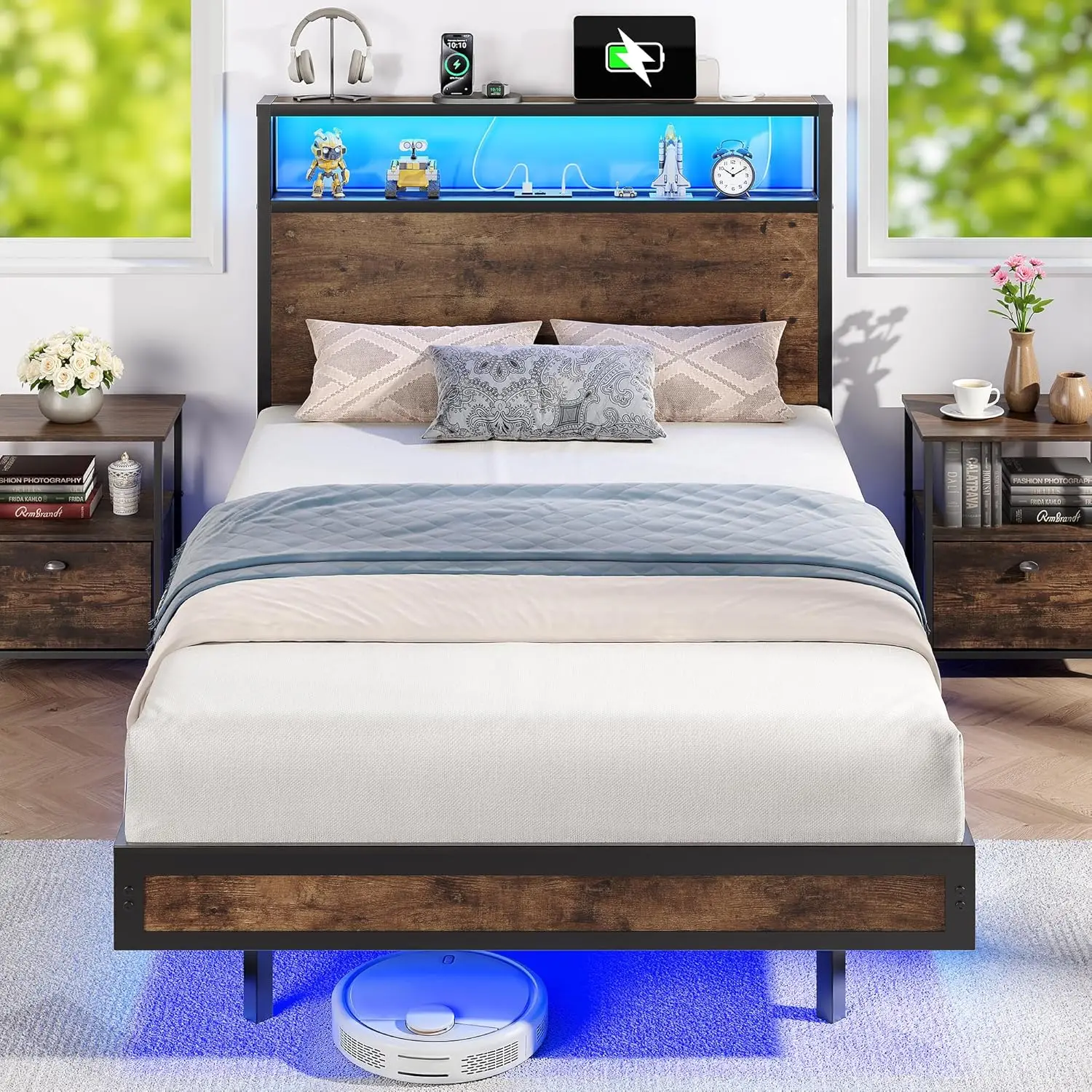 

Twin Size Bed Frame with 2-Tier Storage Headboard, Sturdy Metal Platform Bed Frame with Charging Station & LED Lights, Noise