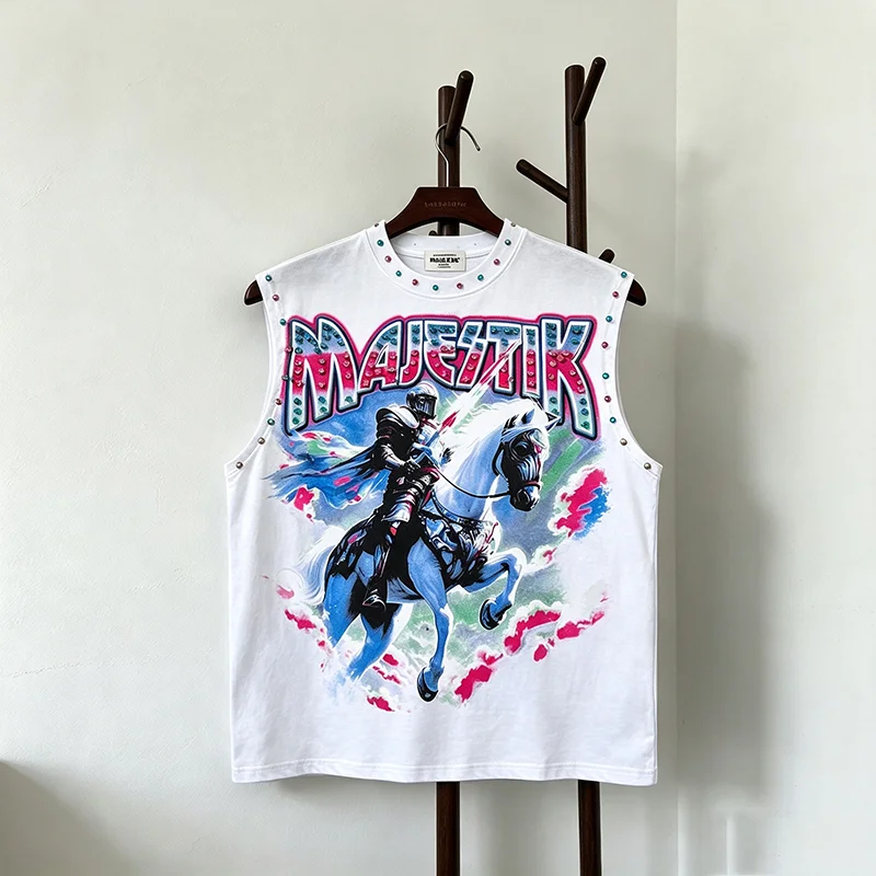 26SS Majestik Tank Top Men High Street Cool Letter Rhinestone Knight Print Streetwear Sleeveless Top