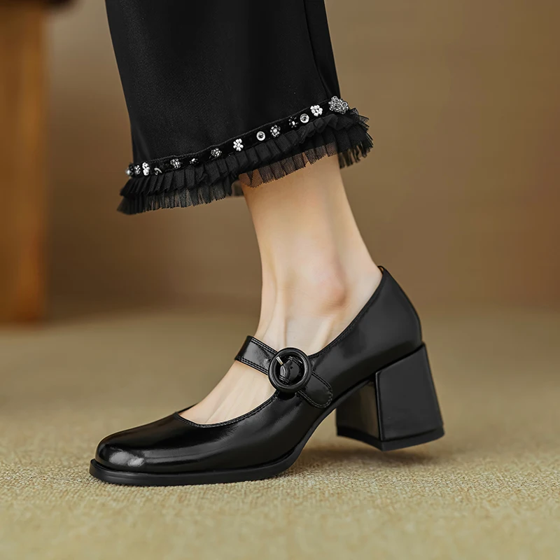 Women Pumps Thick Heels Spring Patent Leather Mary Janes Genuine Leather Round Toe Buckle Strap Retro Office Lady Shoes Woman