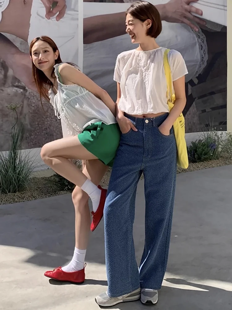 

High Waist Straight Leg Jeans ViaPlain Long Pants Women's Premium Denim Blue High Waist Straight Tube Trousers for Young Women