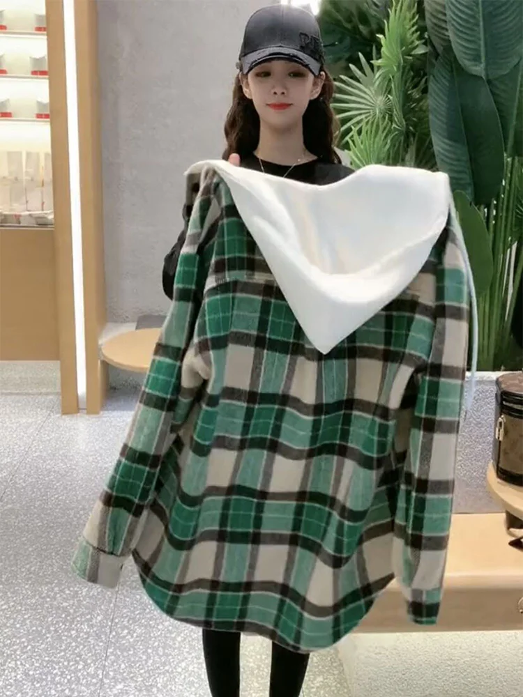 

Autumn Winter Plaid Flannel Hooded irt Women's plus Size Thiened Fce Brued Mid-Length irt Coat Breathable Skin-Fri...