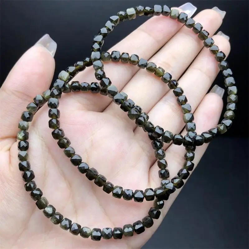 4MM Natural Golden Obsidian Cube Bracelet Wholesale Design Stretch Polychrome Handmade Beads Healing Women Jewelry Gift 1pcs