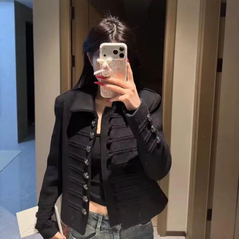 Maxdutti South French Lazy Woolen Napoleon Fashion Heavy Industry Metal Buckle Waist Cinched Stand Up Collar Jacket Woman Tops