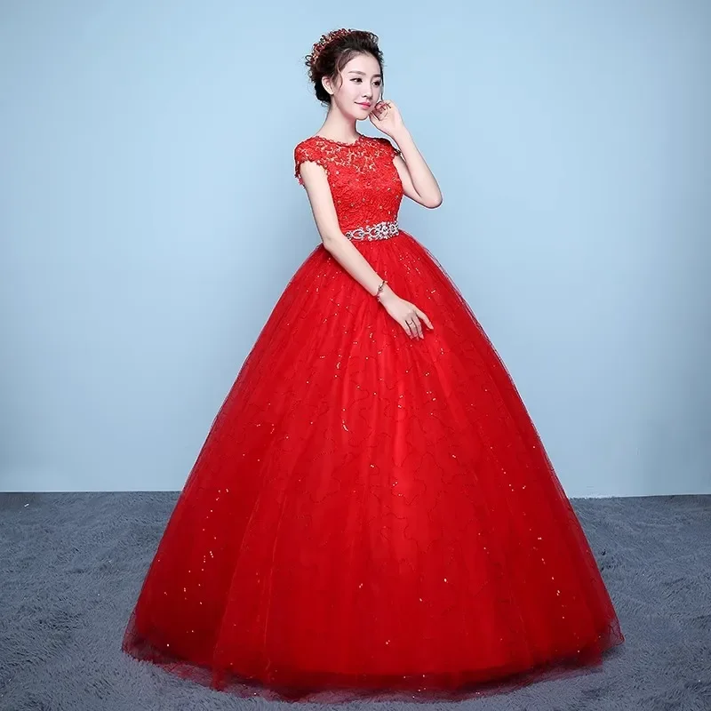 Red Wedding Dresses Cheap Lace O-neck Short Sleeves Crystal Bling Princess Floor-length Plus size Sequins Bride Ball Gowns XN068