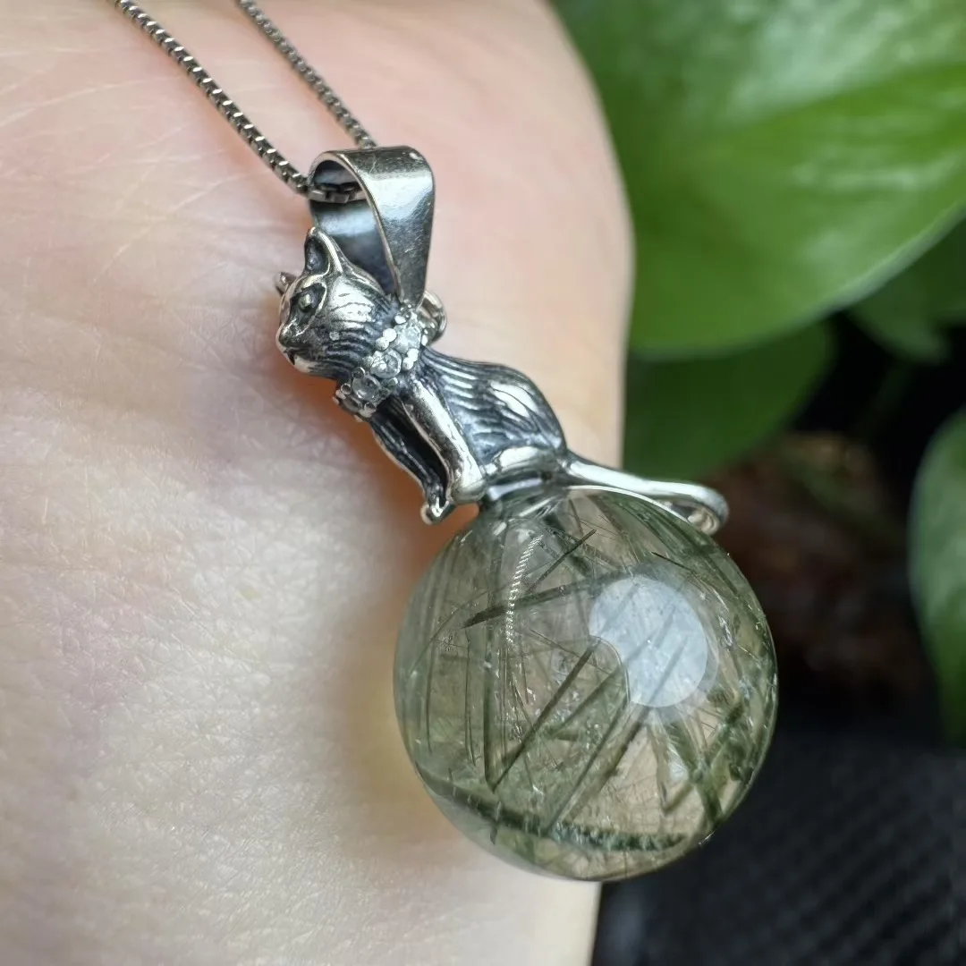 

1 Pc Fengbaowu Natural Green Rutilated Quartz Sphere Pendant 925 Sterling Silver Cat Reiki Healing Stone Jewelry Gift