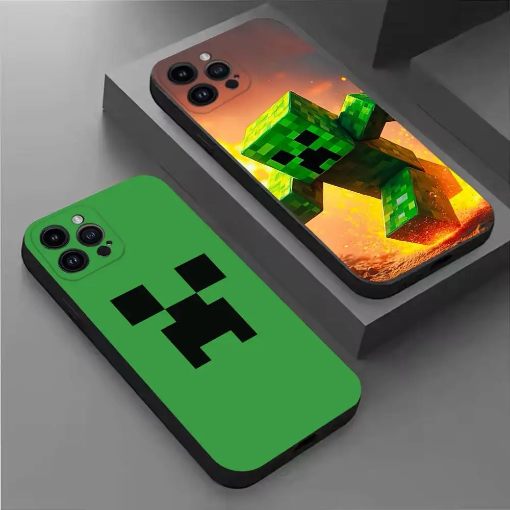 

Green Pixel Monster Creeper Phone Case For iPhone 16,15,14,13,12,11 Plus,Pro Max,XS,X,XR,SE,Mini,8,7,Soft Silicone Black Cover