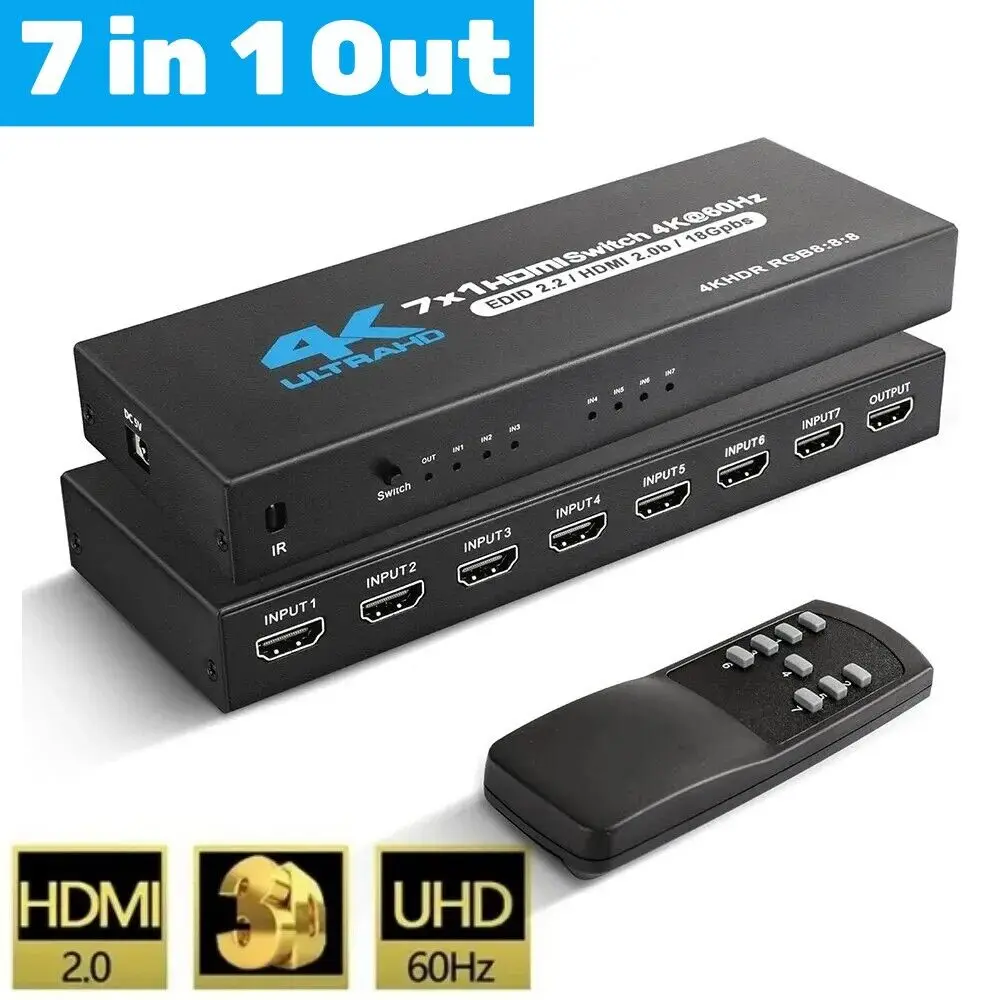 7 Port HD-MI Switch version2.0 4K@60Hz HD-MI 2.0 7x1 Switch Switcher Audio Video Converter 7 in 1 out Support HDR & HDCP 2.2