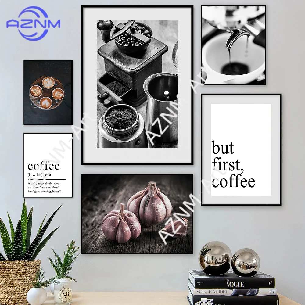 Kitchen Art Latte Decor Posters But First Coffee Quote Print Black and White Wall Art Canvas Painting Picture For Dining Hall