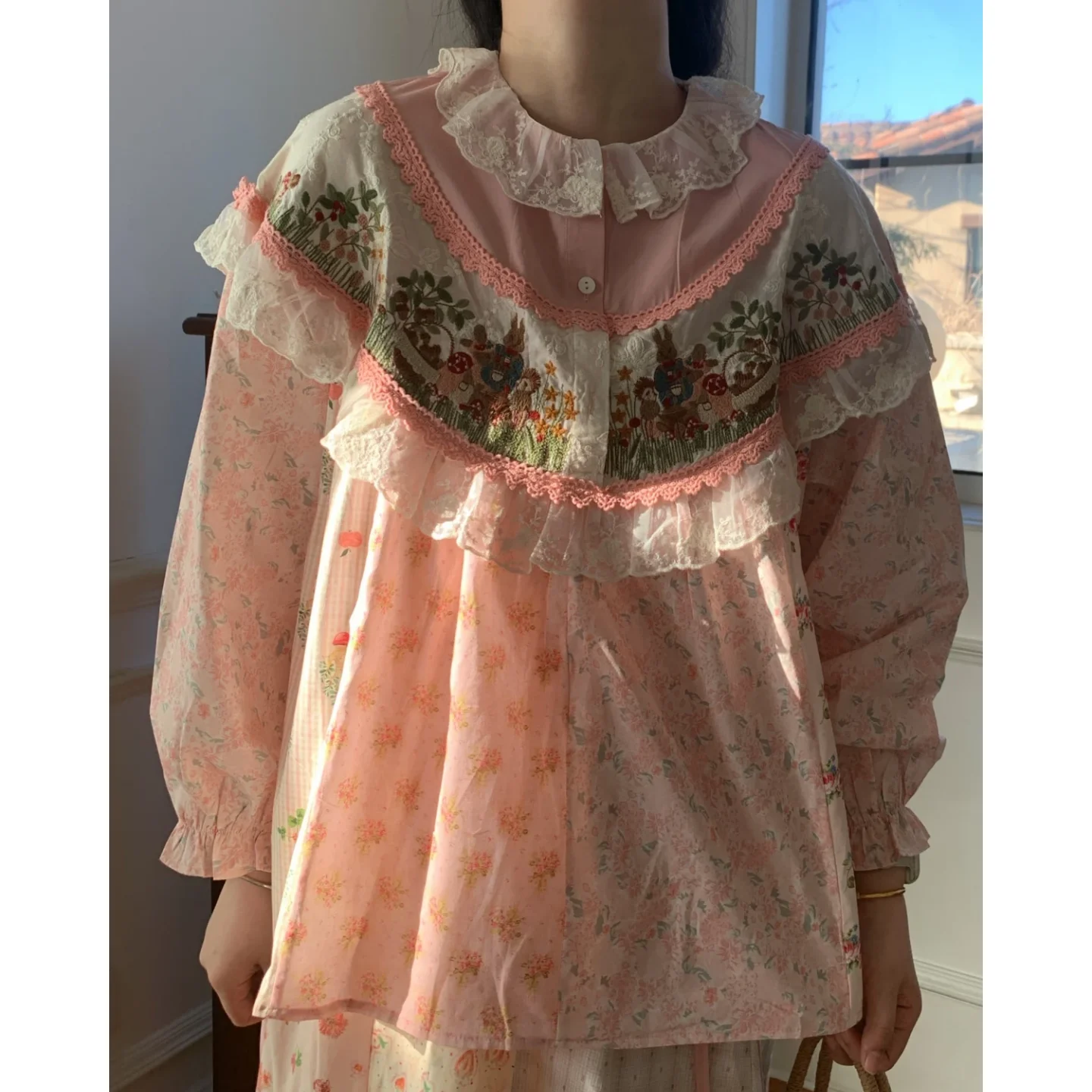 Retro Cotton Patchwork Lace Cottagecore Floral Embroidery Baby-doll Blouse Female Vintage Goblincore Lolita Sweet Shirt Tops