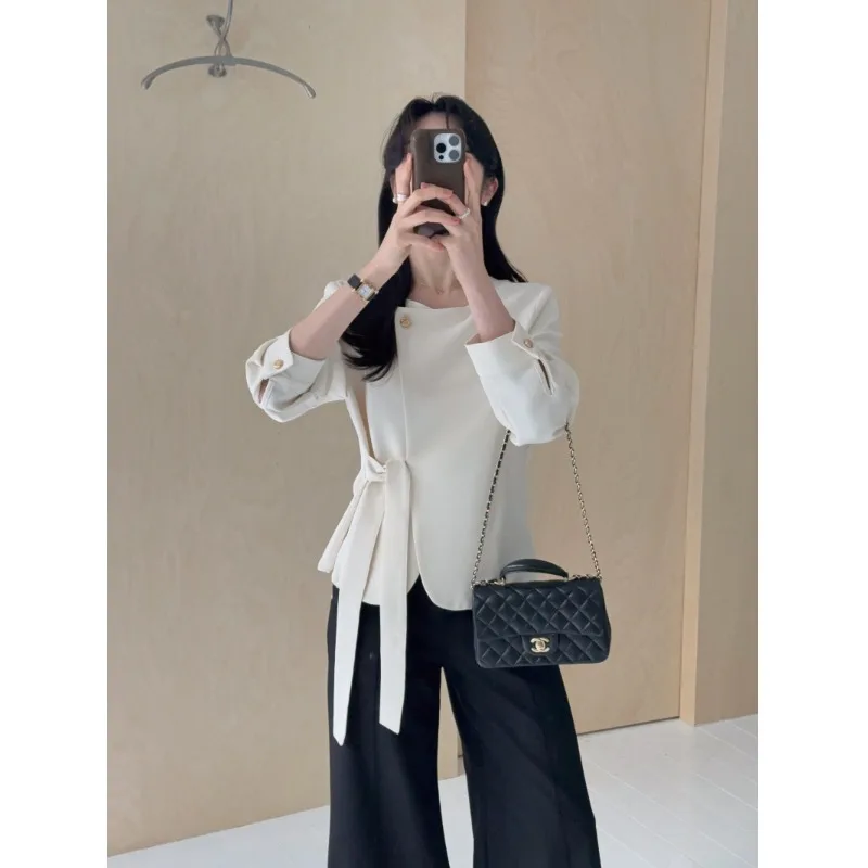 

Korean Sle Thin Belted Long Sve Women's Jaet Ele Slimming Spring Faion High Waist Design Casual Versatile Outerwear