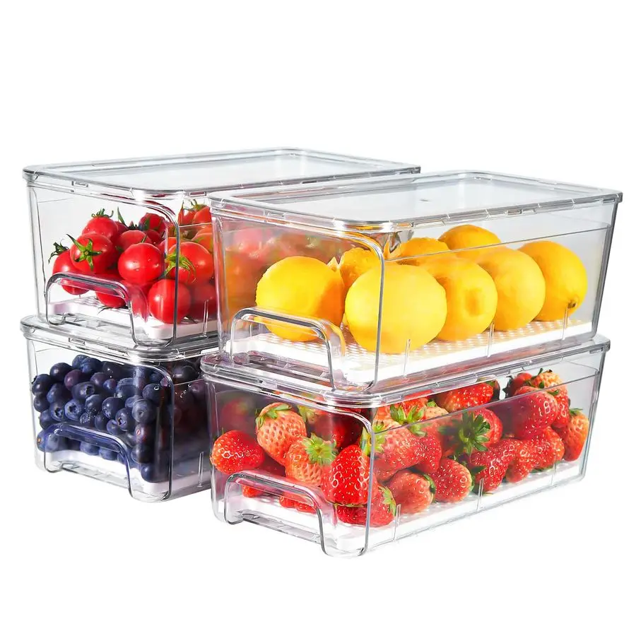 

4Pack Refrigerator Drawer Organizer Bins, Clear Stackable Pull Out Fridge Organizers and Storage Container, with Strainer Layer