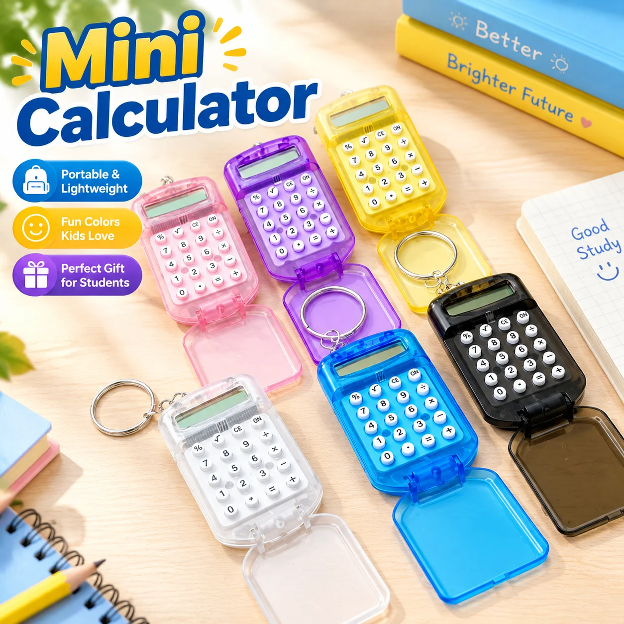 Portable Mini Transparent Flip Calculator Keychain for Primary Students Exam Stationery Gift Pocket Device