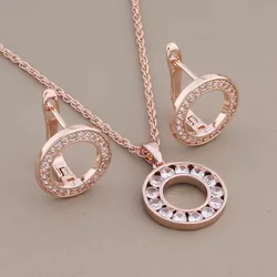 New Trendy Luxury Quality Jewelry Sets 585 Rose Gold Color White Natural Zircon Round Earrings Luxury Elegant Women's Set