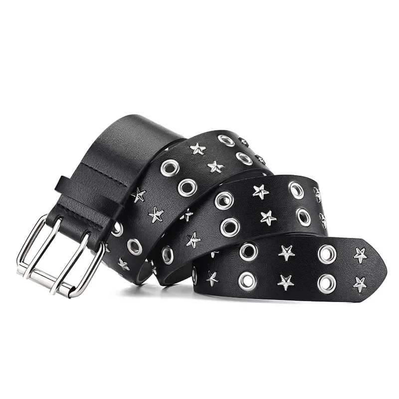 Punk Rock With Double Row Pin Buckle Studded Belt Star Rivet Belt for Women Men Dress Jeans Ceinture Femme Dropshipping