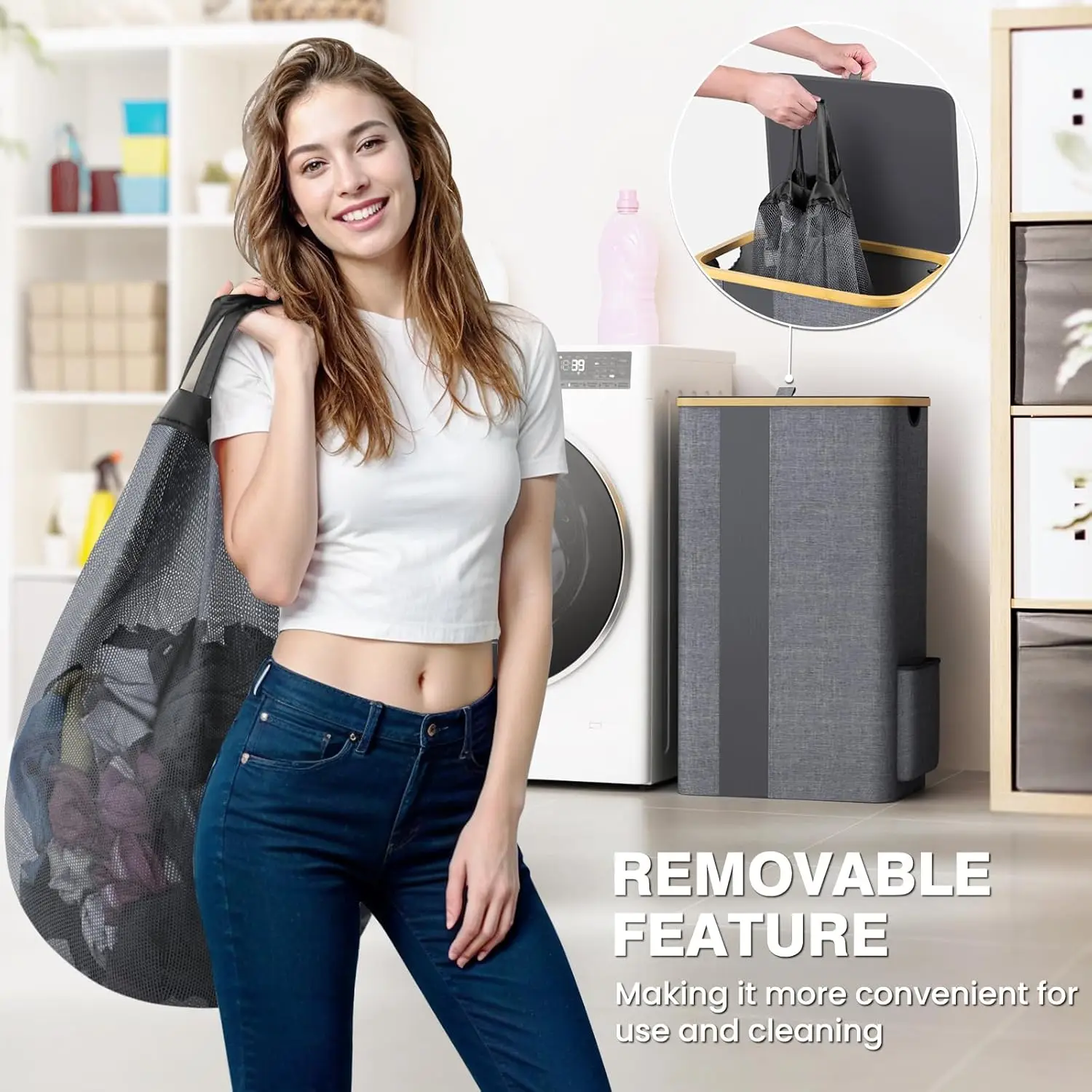 100L Laundry Hamper with Lid & Removable Mesh Bag, Breathable Design for Bedroom Bathroom Dorm Storage - Light Grey