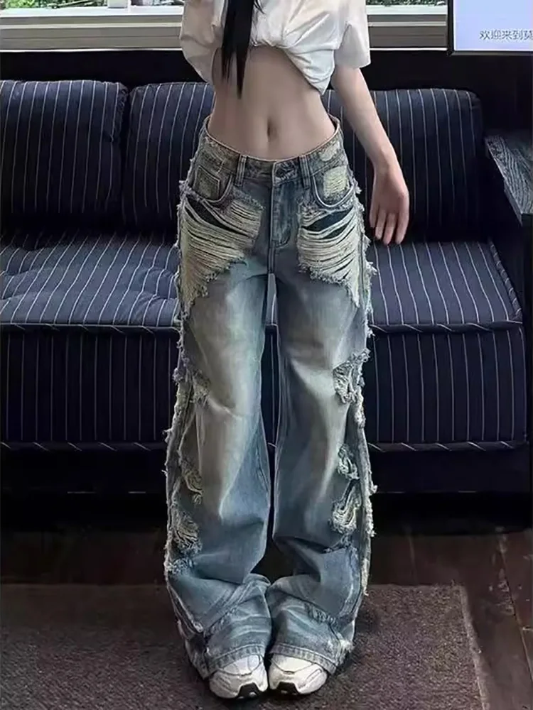 

Джинсовые брюки винтажного дизайна, широкие брюки большого размера с потертым подолом, потертые джинсы, женские модные универсальные брюки полной длины