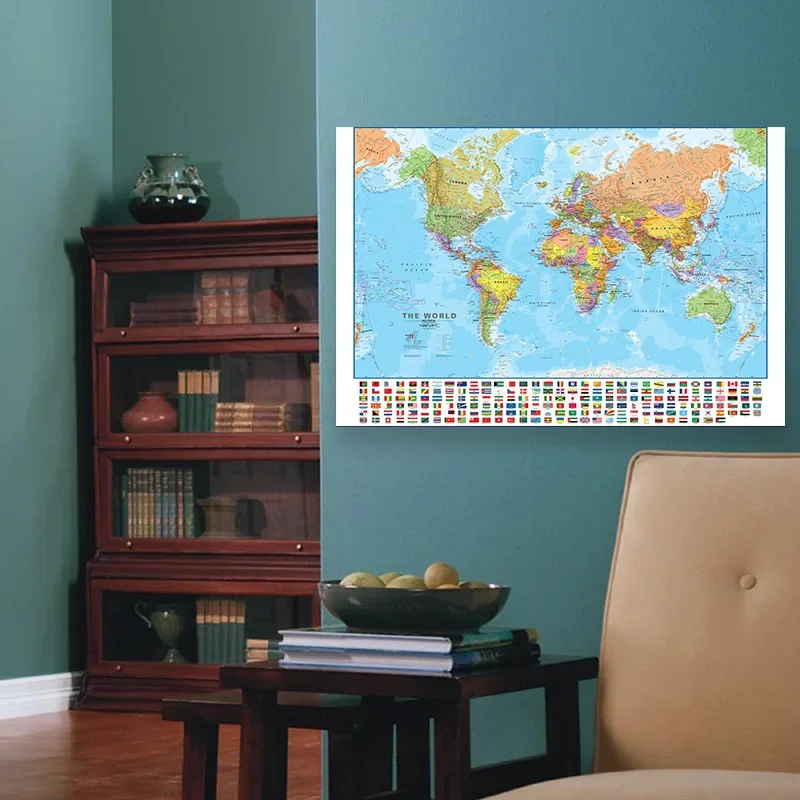 Mapa świata w języku angielskim obraz na płótnie plakat ścienny wystrój sztuka biuro szkolne Home Vintage Decoración 60*40cm