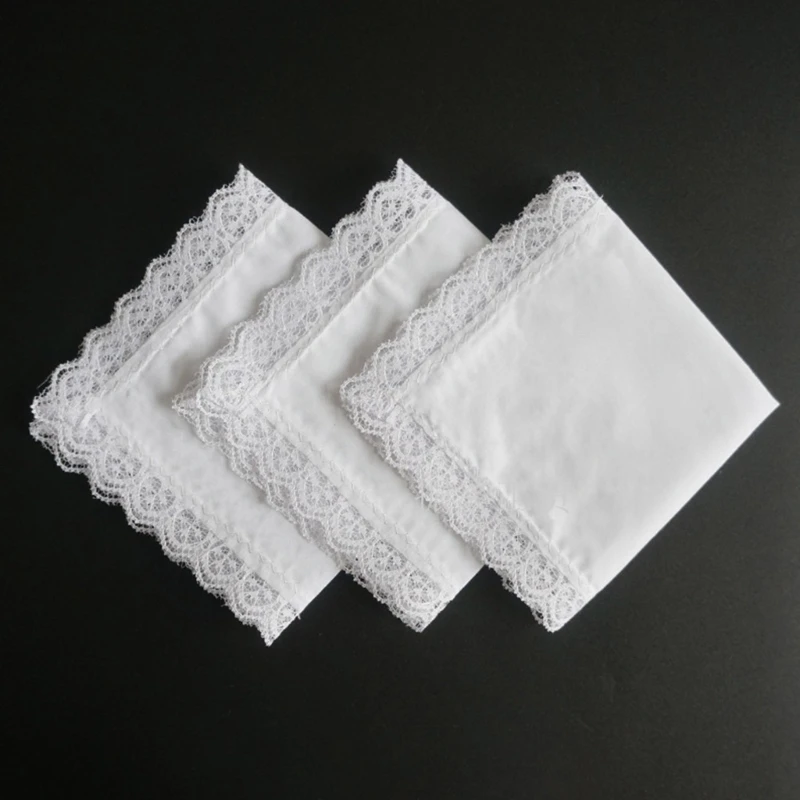 F42F 23x25cm Men Women Cotton Handkerchiefs Solid White Hankies Pocket Lace Trim Towel Diy Painting Handkerchiefs for Woman