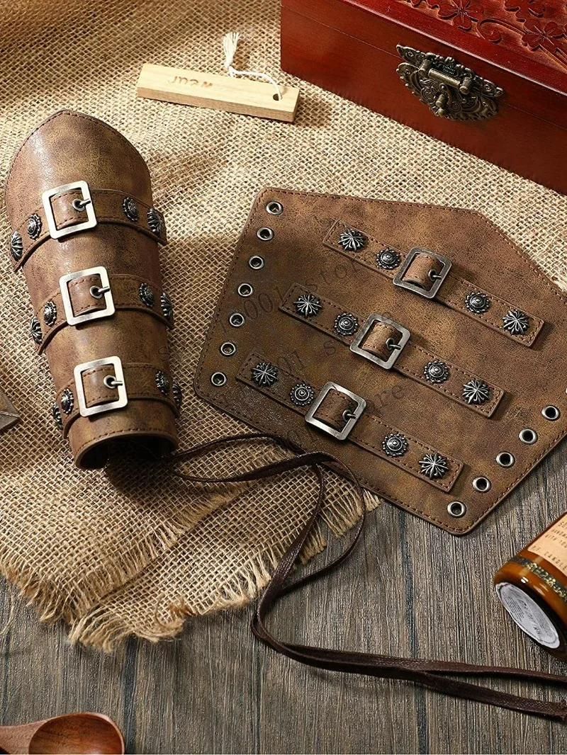 1 pc Men Medieval Cosplay PU Leather Armor Arm Warmer Lace-Up Pirate Knight Gauntlet Wristband Bracer Steampunk Accessory