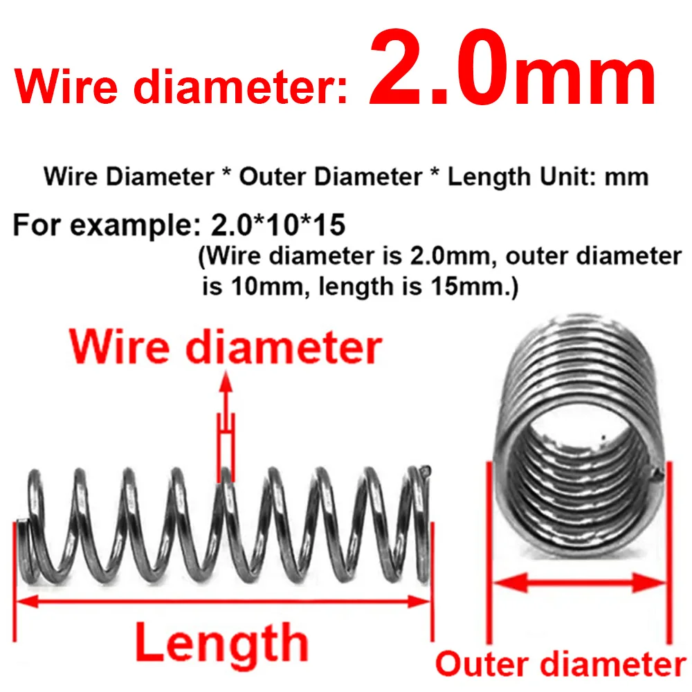 2-5Pcs WD 2.0mm OD 10/11/12/13/14/15/16-21mm Compression Springs muelles de compresión Length 15-100mm пружина сжатия