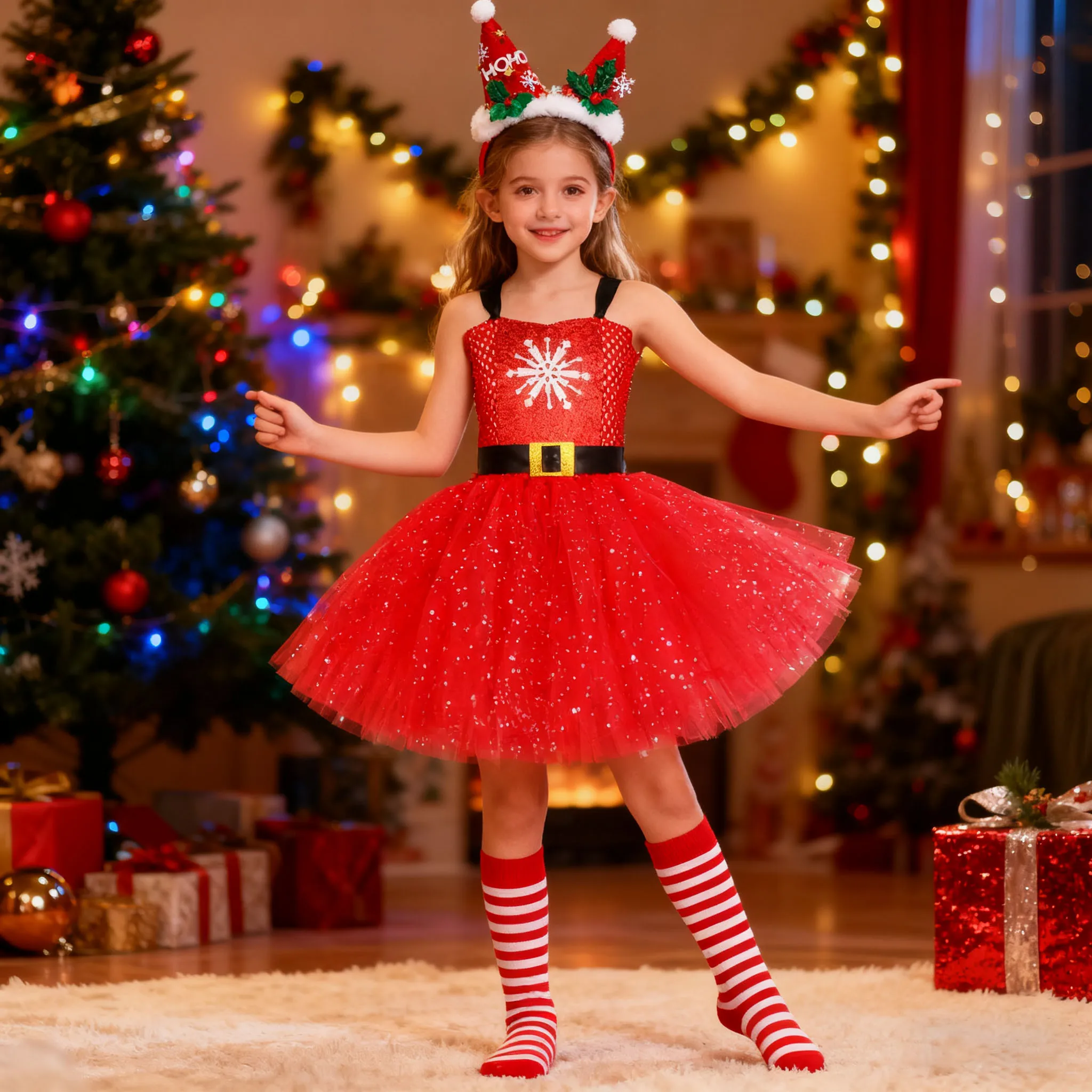 

Red Santa Claus Princess Dresses For Girls White Snowflake Christmas Costumes New Year Party Children Holiday Gatherings Clothes