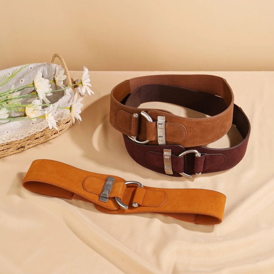 Women Vintage Elastic Stretchy Belt with Suede Cowhide Leather 8-5cm Wide Waist Cinch Trimmer