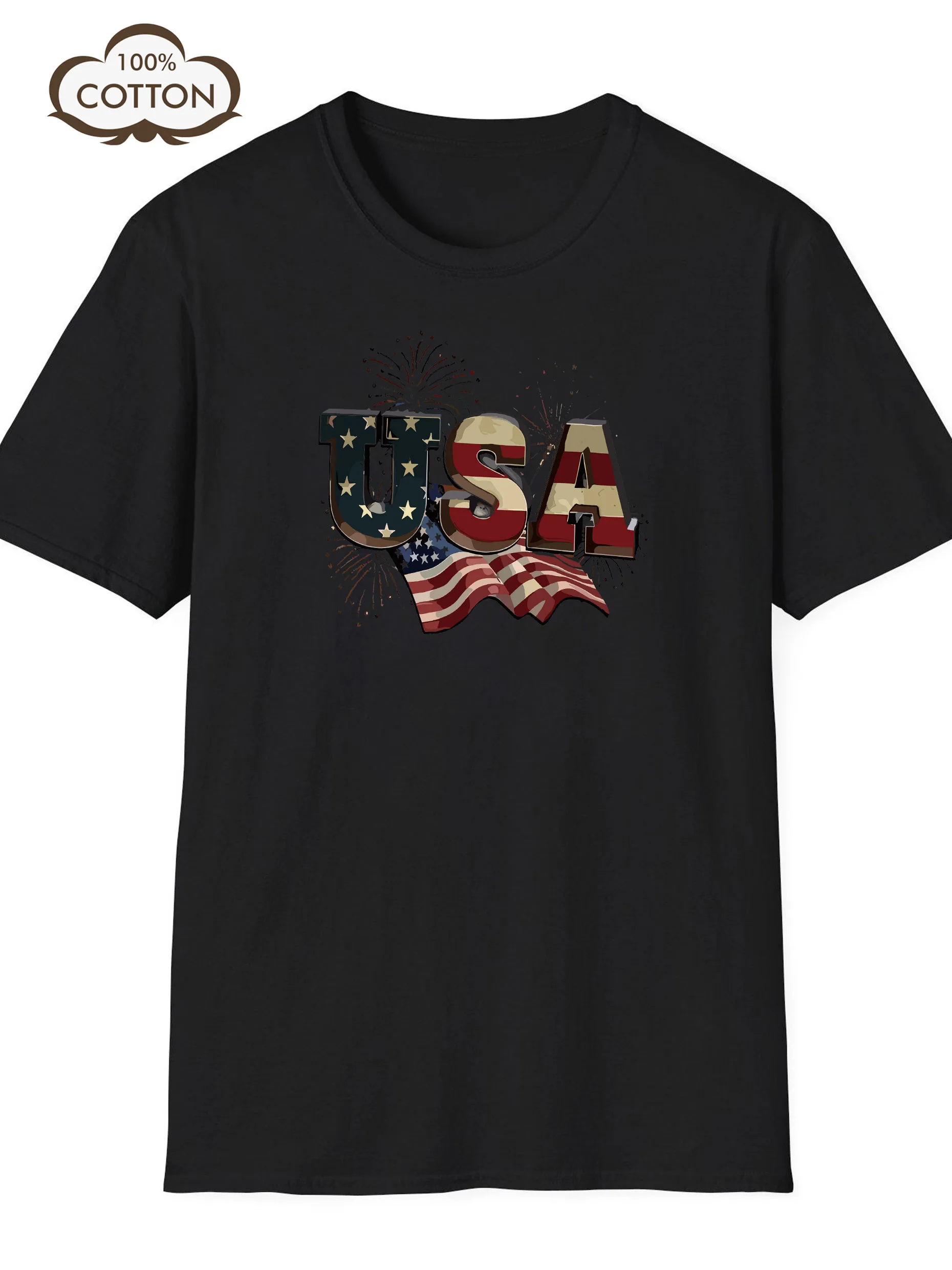 メンズ Tシャツ アメリカ 7月4日 花火プリントデザイン ブラック 半袖 ラウンドネック ルーズフィット 夏用 綿100%