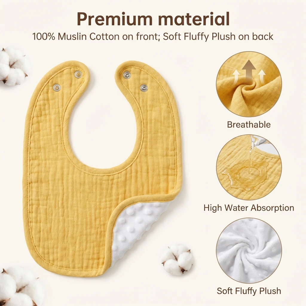 6 Pack Muslin Gauze Baby Bibs with Soft Plush Minky Dotted BackingSaliva Towel U-Absorbent Pockets Children Kids Boys Girls