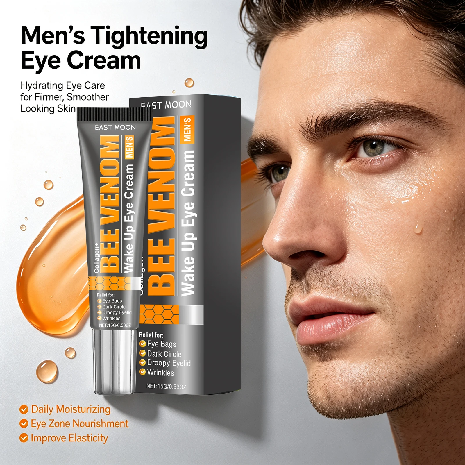 Men Bee Venom Eye Cream for Fine Lines Hydrating and Moisturizing Improve Dark Circles Eye Bags Eye Firming Skin Care 15g