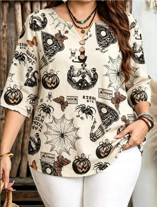 Vintage Halloween Gothic Print Plus Size Blouses Notch V Neck Wooden Buttons 3/4 Sleeve Loose Tops For Women Fall Outfit