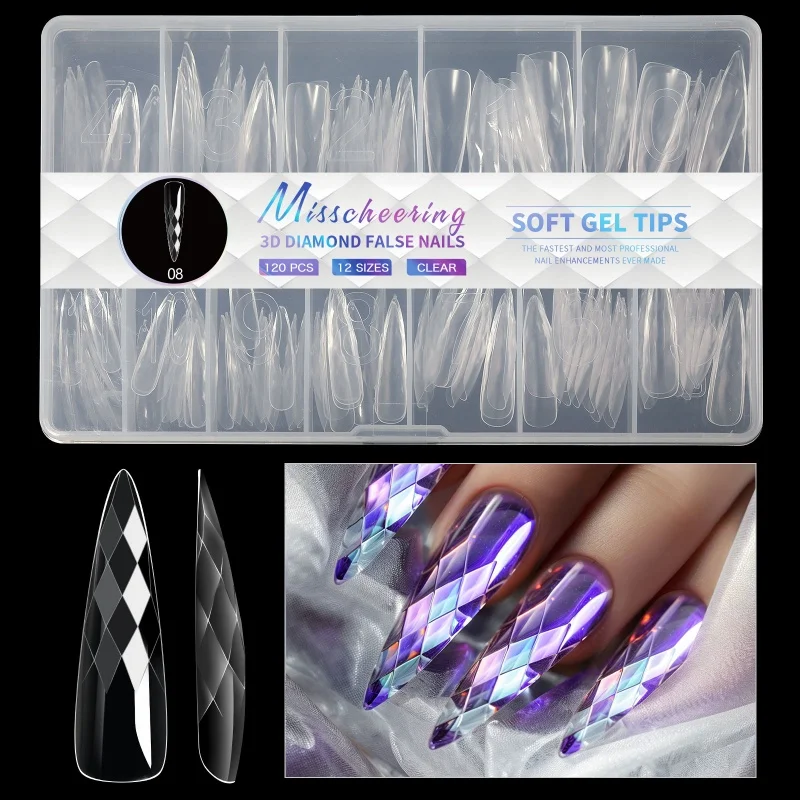 3D Diamond Rhombus False Clear Nail Tips Long Stiletto Coffin Full Cover Nail Art Decoration Tools 12 Sizes 120PC Press On Nails