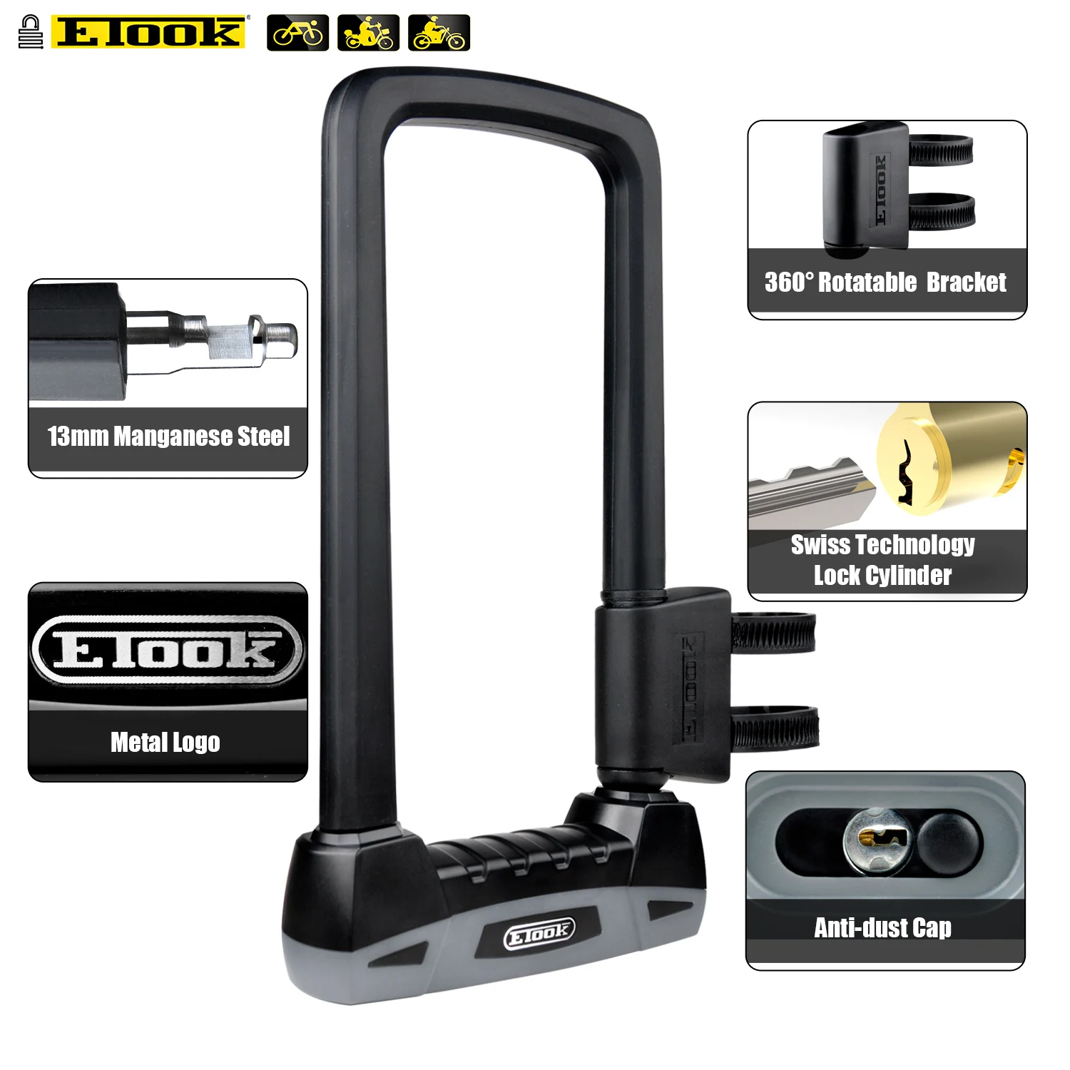 Etook Bicycle Lock U-lock Heavy Duty Anti Theft Motorcycle Scooter Lock MTB Bike Lock Anti Theft with Key Bicycle Accessories