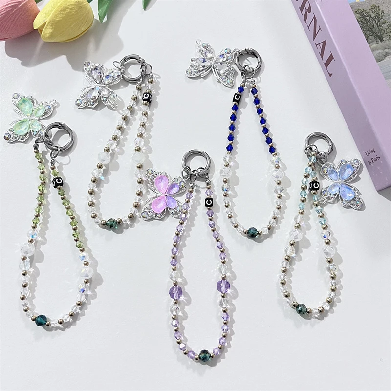 Exquisite Rhinestone Butterfly Pendant Y2K Korean Beaded Lanyard Phone Chain Wristband Anti Lost Cellphone Strap Keyring Charm