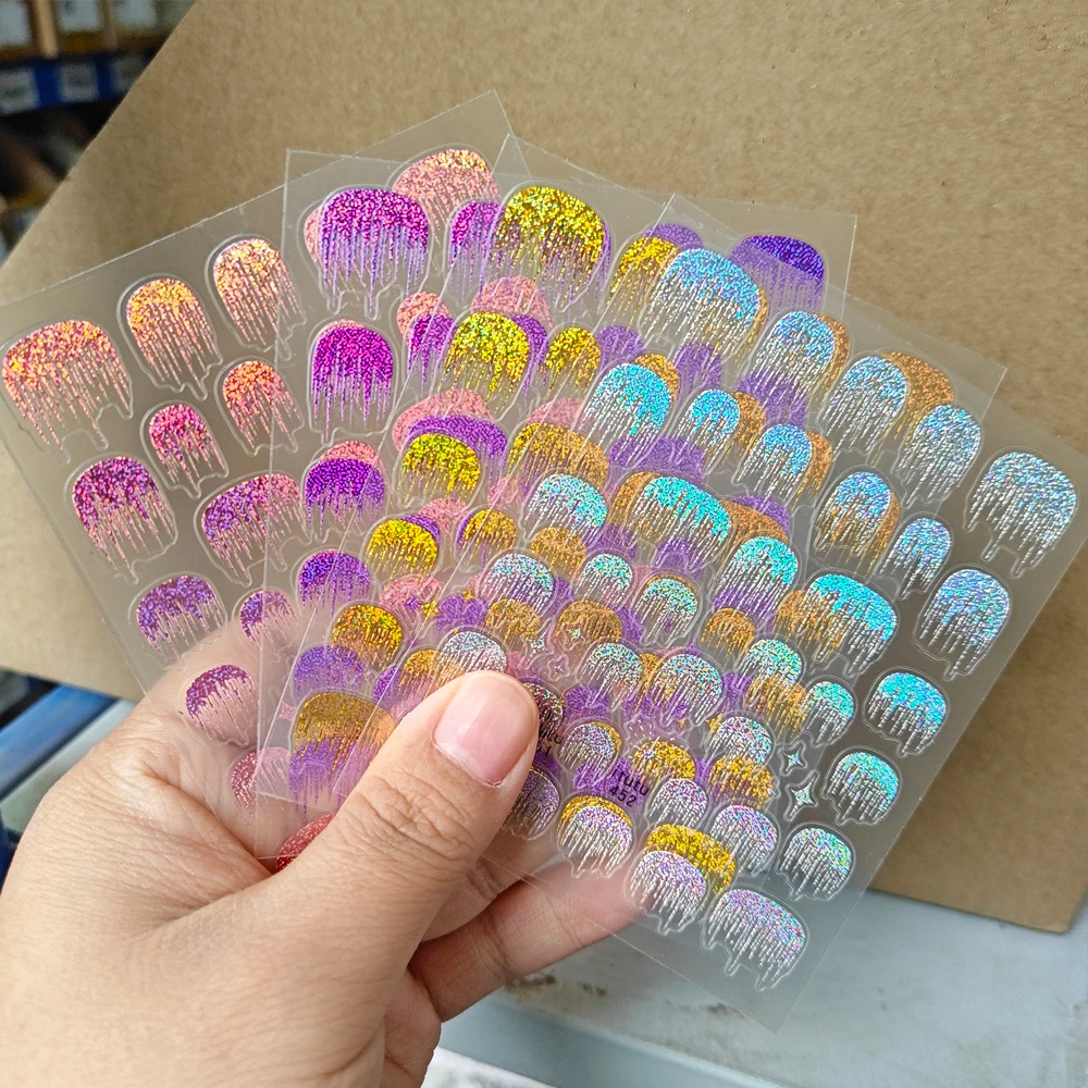 1 個 5D レーザーシルバー反射フレンチネイルステッカーホログラフィックスパークル滝タッセルデザインネイルデカール Y2K オーロラバースト